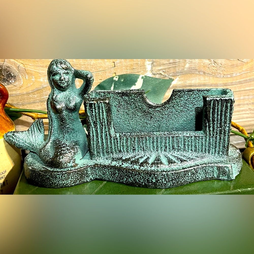 Vintage Heavy Cast Iron Mystical Mermaid Card Holder
